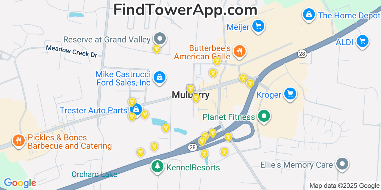 Map showing the 20 primary cell tower locations detected in Mulberry, Ohio from AT&T, Verizon, and T-Mobile networks