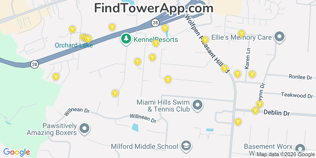 Map showing the 20 primary cell tower locations detected in Mulberry, Ohio from AT&T, Verizon, and T-Mobile networks