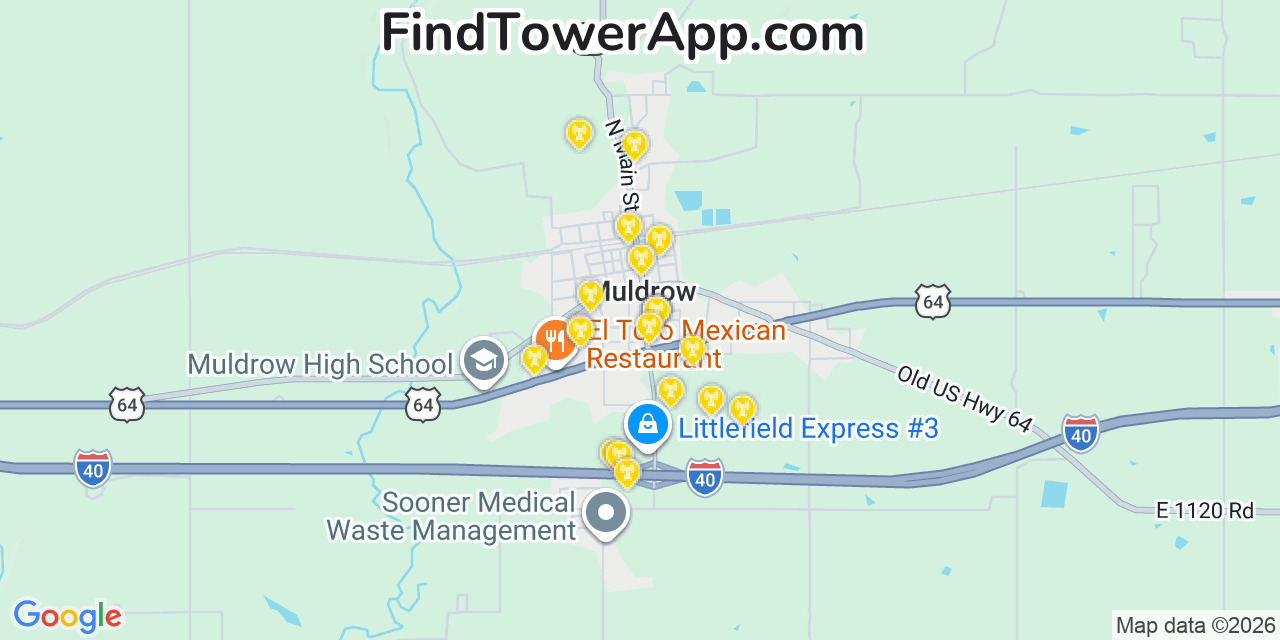 Map showing the 20 primary cell tower locations detected in Muldrow, Oklahoma from AT&T, Verizon, and T-Mobile networks