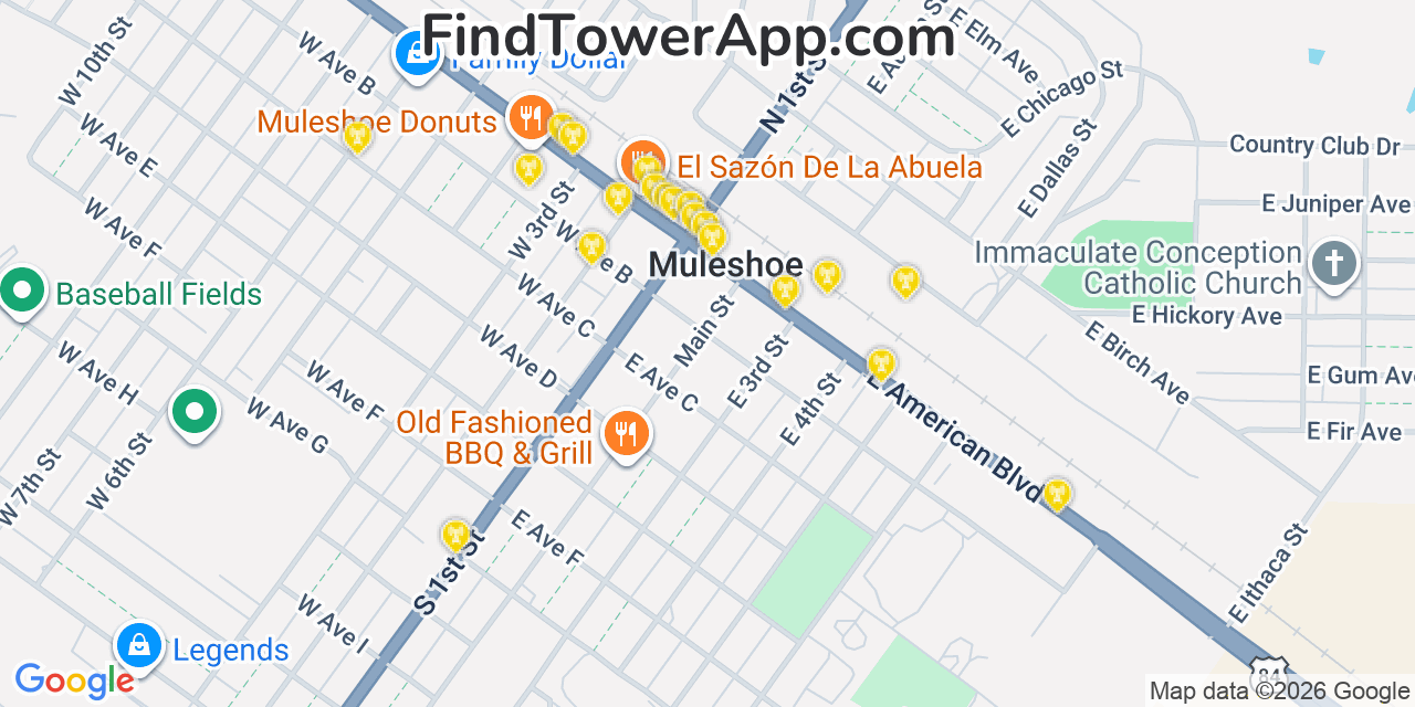 Map showing the 20 primary cell tower locations detected in Muleshoe, Texas from AT&T, Verizon, and T-Mobile networks