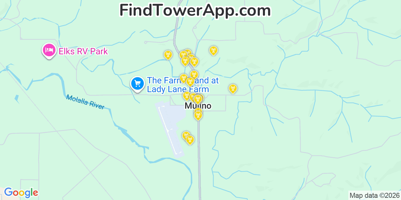 Map showing the 20 primary cell tower locations detected in Mulino, Oregon from AT&T, Verizon, and T-Mobile networks