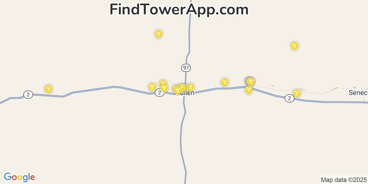 Map showing the 20 primary cell tower locations detected in Mullen, Nebraska from AT&T, Verizon, and T-Mobile networks