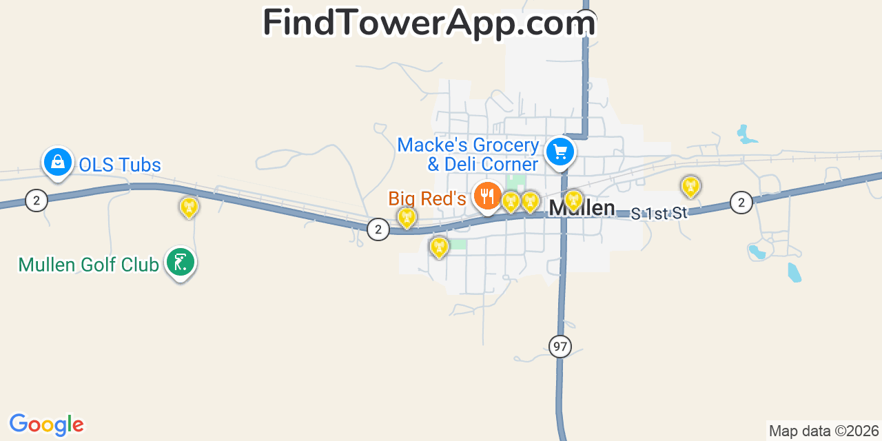 Map showing the 20 primary cell tower locations detected in Mullen, Nebraska from AT&T, Verizon, and T-Mobile networks