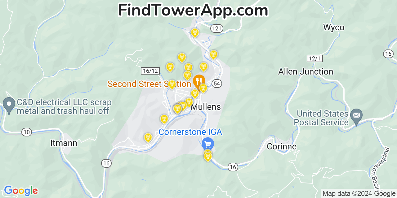 AT&T 4G/5G cell tower coverage map Mullens, West Virginia