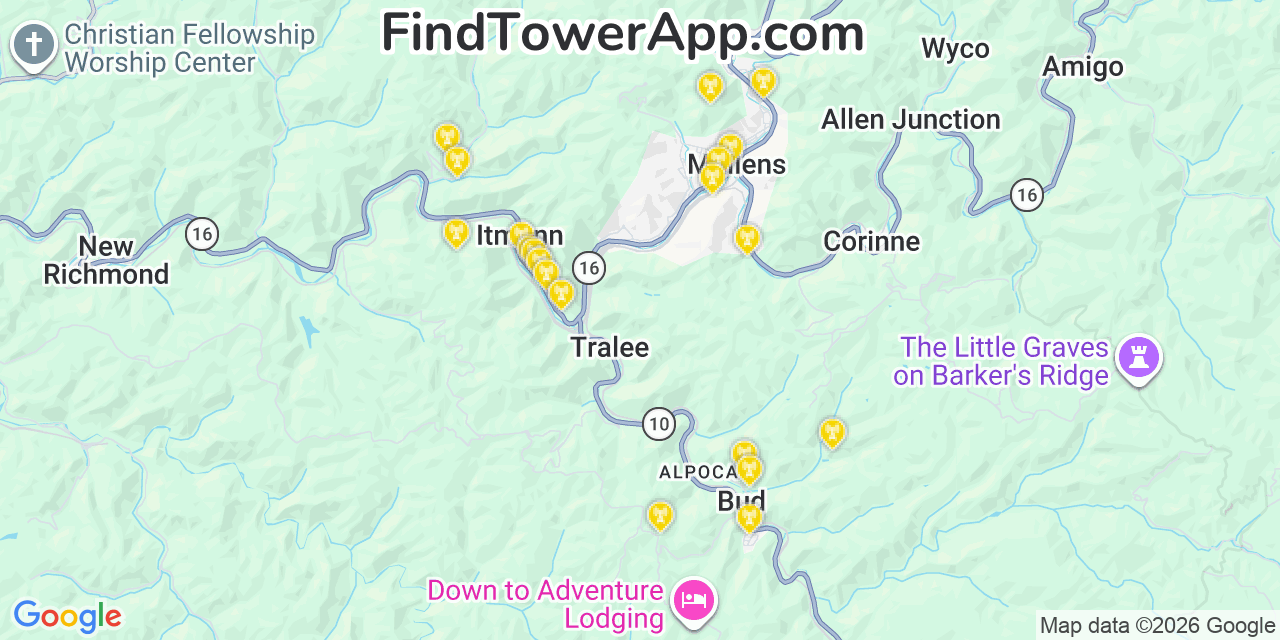 Map showing the 20 primary cell tower locations detected in Mullens, West Virginia from AT&T, Verizon, and T-Mobile networks