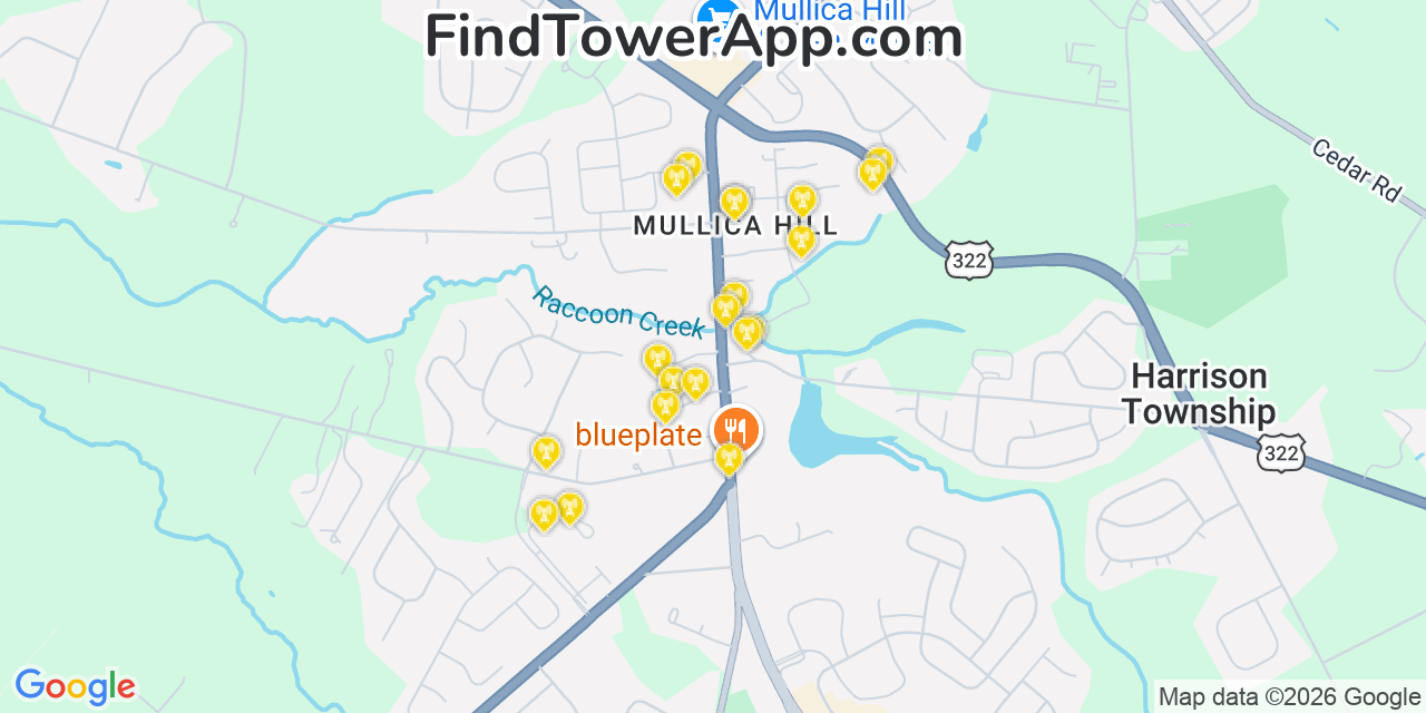 Map showing the 20 primary cell tower locations detected in Mullica Hill, New Jersey from AT&T, Verizon, and T-Mobile networks