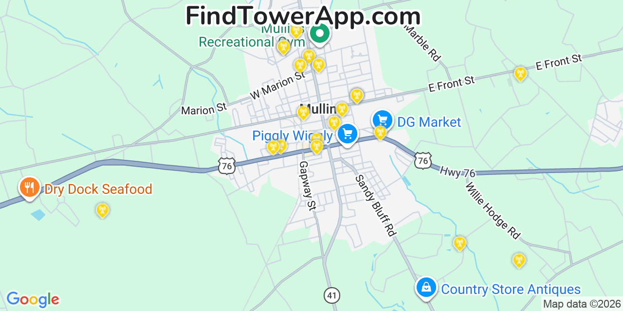 Map showing the 20 primary cell tower locations detected in Mullins, South Carolina from AT&T, Verizon, and T-Mobile networks