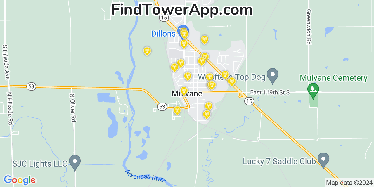 AT&T 4G/5G cell tower coverage map Mulvane, Kansas