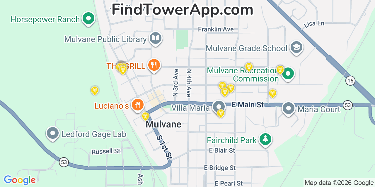 Map showing the 20 primary cell tower locations detected in Mulvane, Kansas from AT&T, Verizon, and T-Mobile networks
