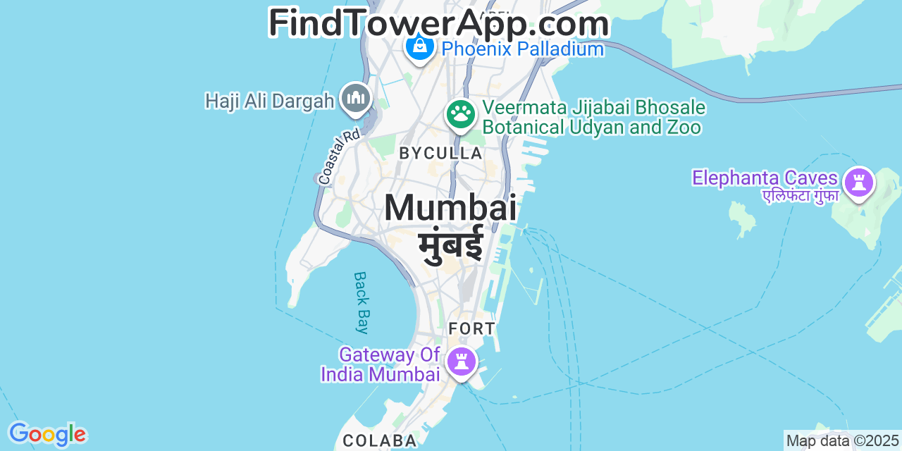 Map showing the 0 primary Bihar cell tower locations detected in Mumbai, India with coverage radius and signal strength indicators