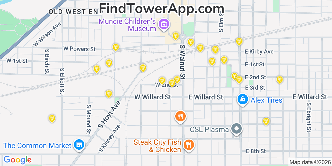 Map showing the 20 primary cell tower locations detected in Muncie, Indiana from AT&T, Verizon, and T-Mobile networks