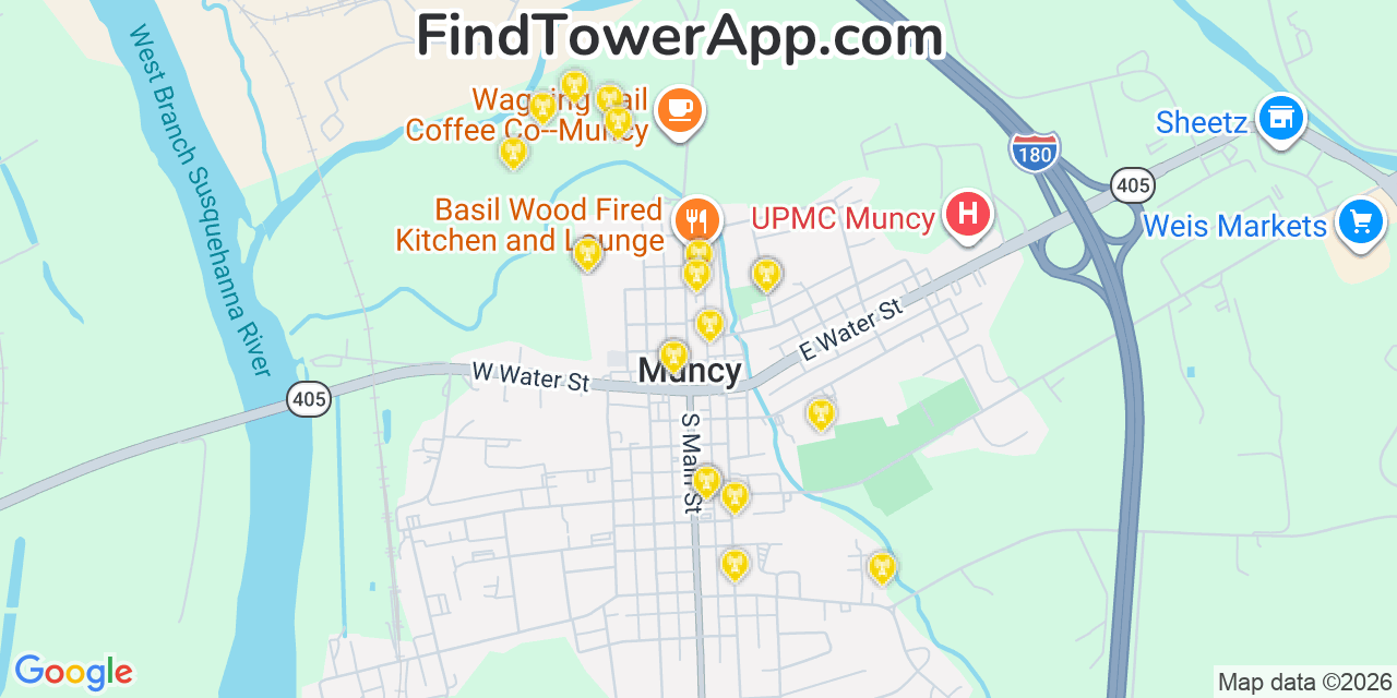 Map showing the 20 primary cell tower locations detected in Muncy, Pennsylvania from AT&T, Verizon, and T-Mobile networks