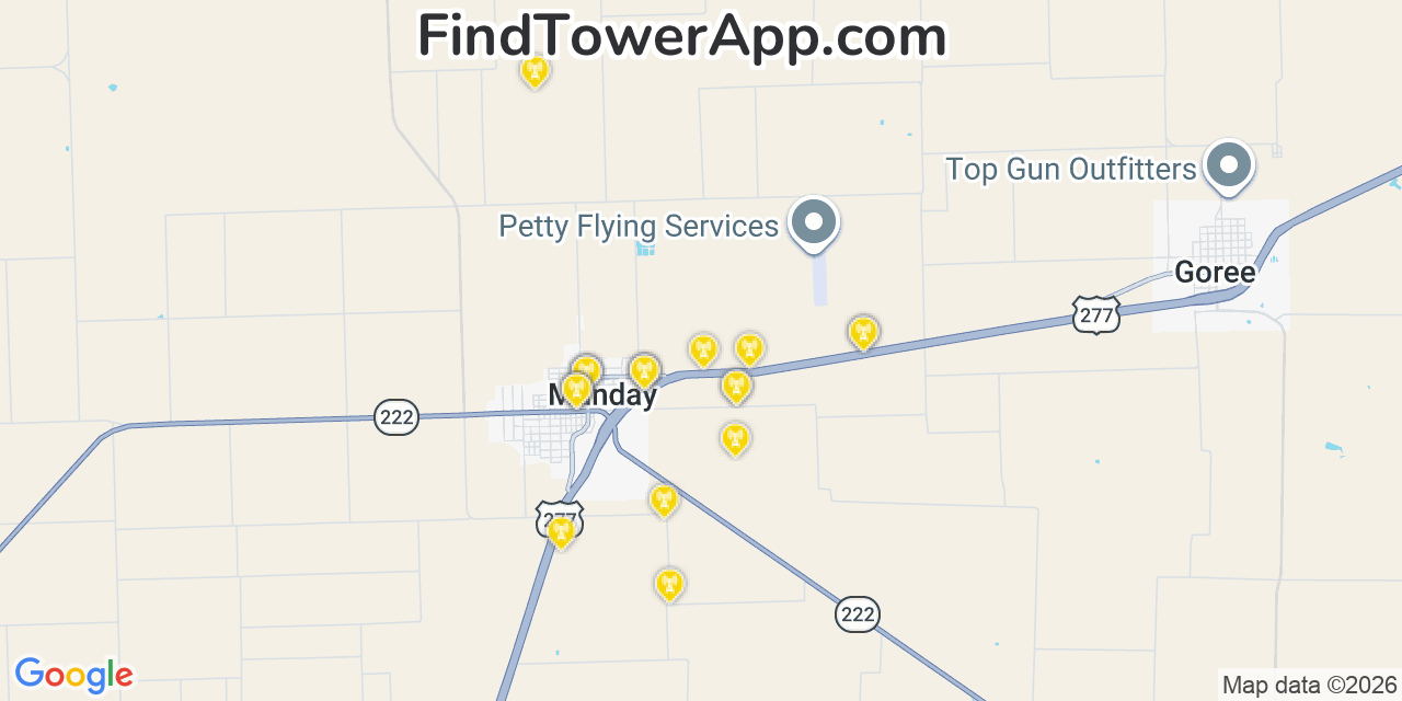 Map showing the 20 primary cell tower locations detected in Munday, Texas from AT&T, Verizon, and T-Mobile networks