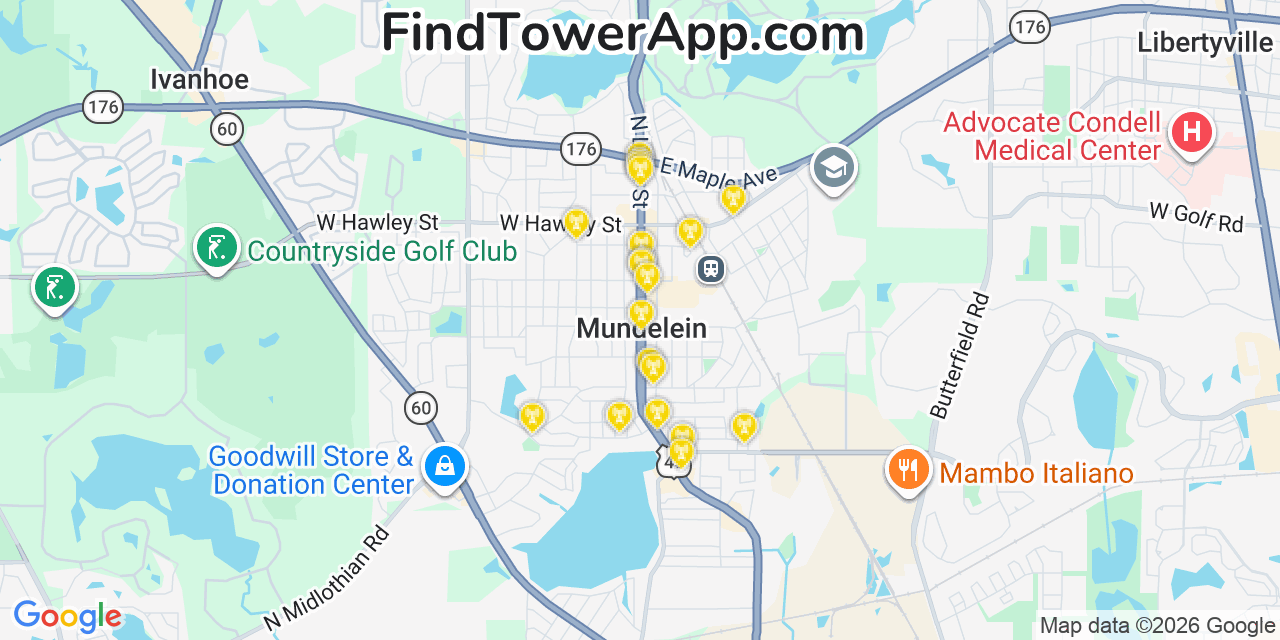 Map showing the 20 primary cell tower locations detected in Mundelein, Illinois from AT&T, Verizon, and T-Mobile networks