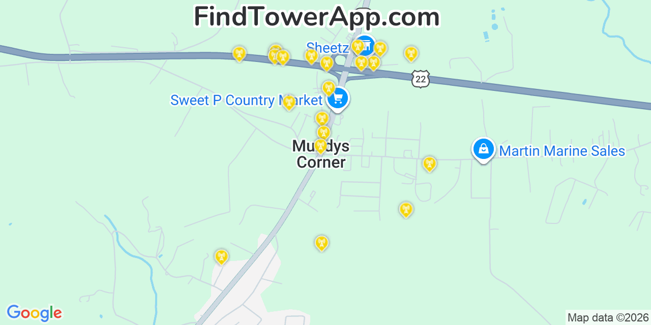 Map showing the 20 primary cell tower locations detected in Mundys Corner, Pennsylvania from AT&T, Verizon, and T-Mobile networks