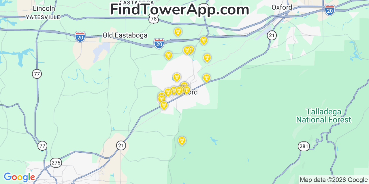 Map showing the 20 primary cell tower locations detected in Munford, Alabama from AT&T, Verizon, and T-Mobile networks