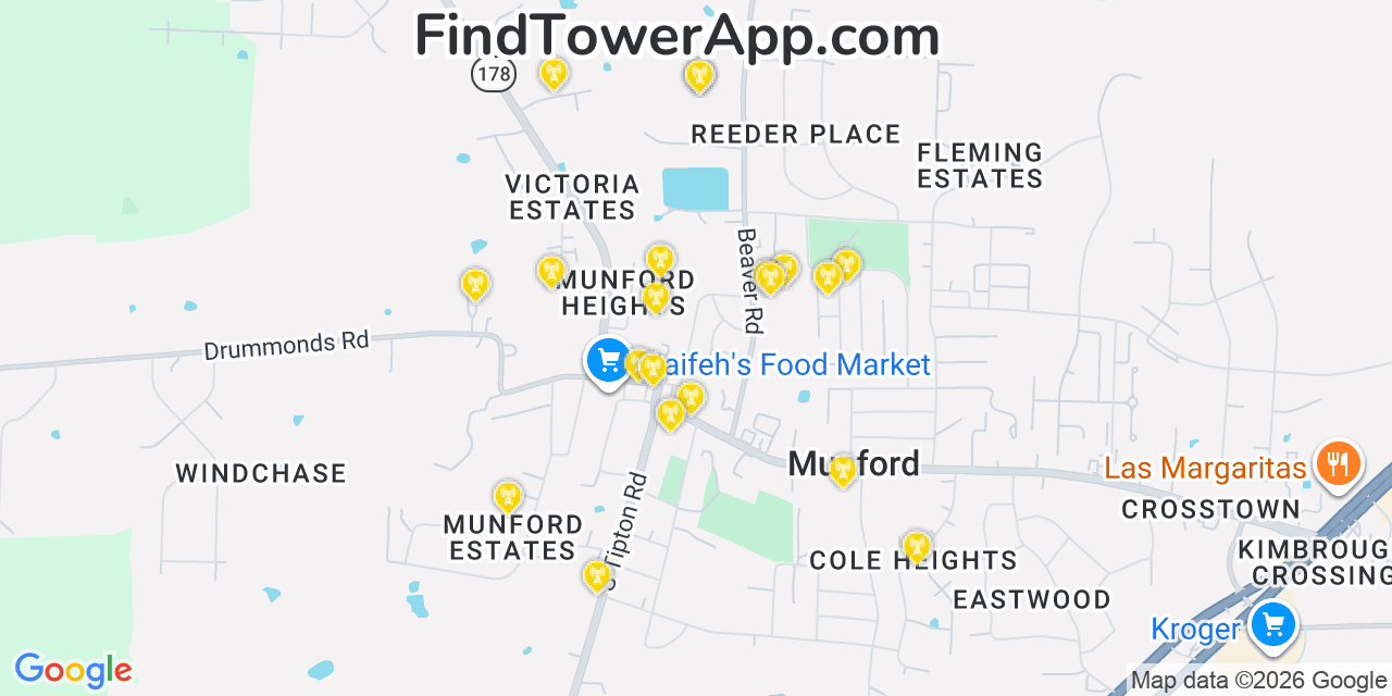 Map showing the 20 primary cell tower locations detected in Munford, Tennessee from AT&T, Verizon, and T-Mobile networks