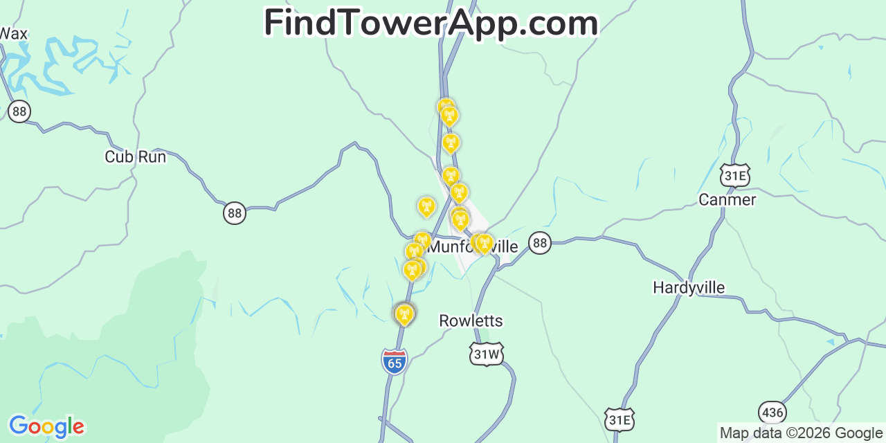 Map showing the 20 primary cell tower locations detected in Munfordville, Kentucky from AT&T, Verizon, and T-Mobile networks