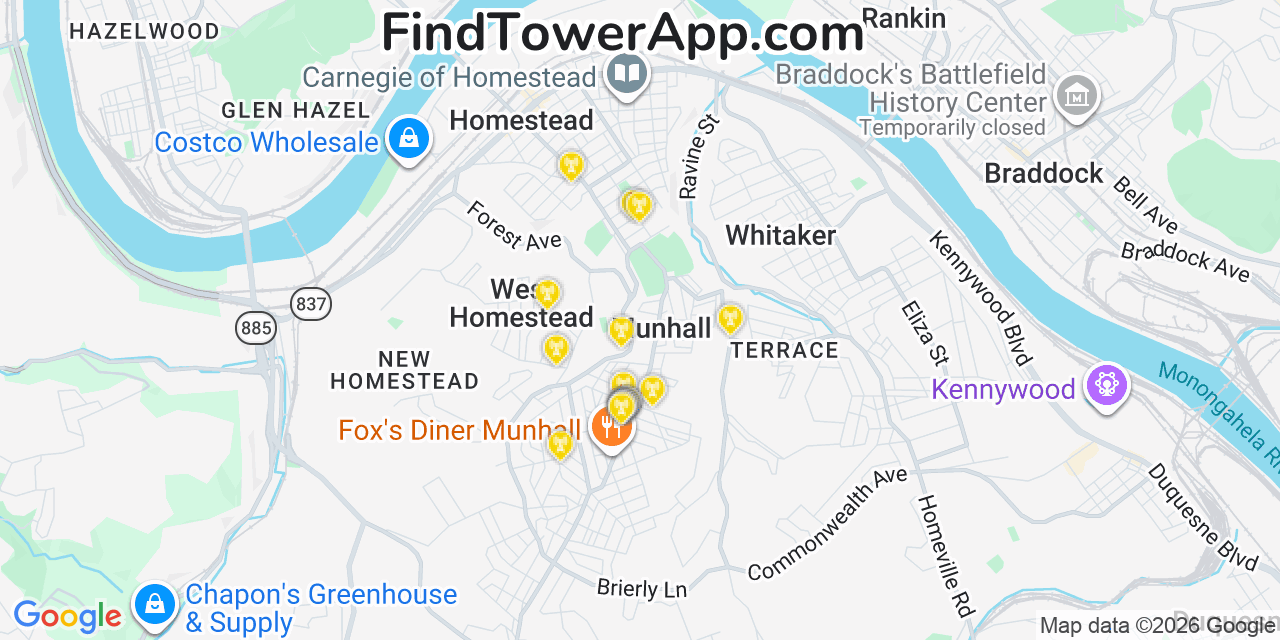 Map showing the 20 primary cell tower locations detected in Munhall, Pennsylvania from AT&T, Verizon, and T-Mobile networks
