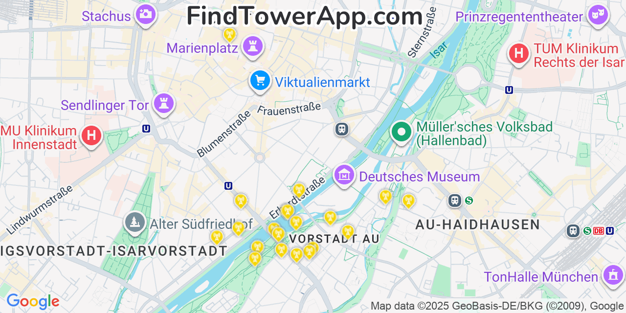 Map showing the 20 primary cell tower locations detected in Munich, Germany with coverage areas and signal strength