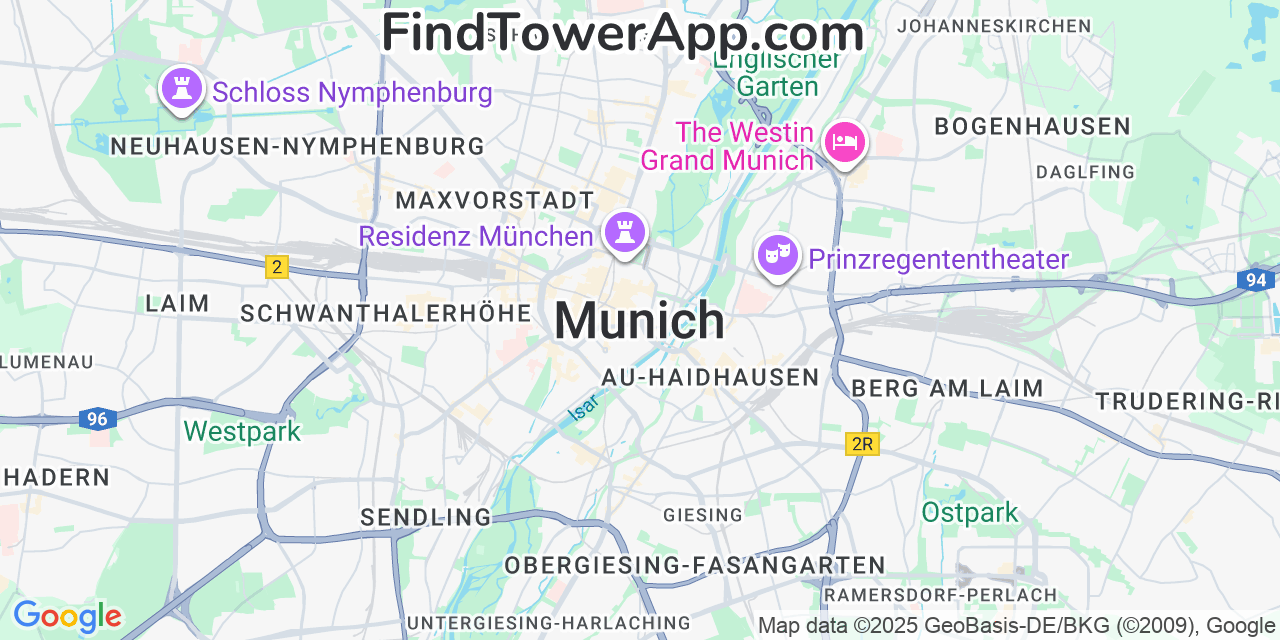 Map showing the 0 primary Vodafone cell tower locations detected in Munich, Germany with coverage radius and signal strength indicators