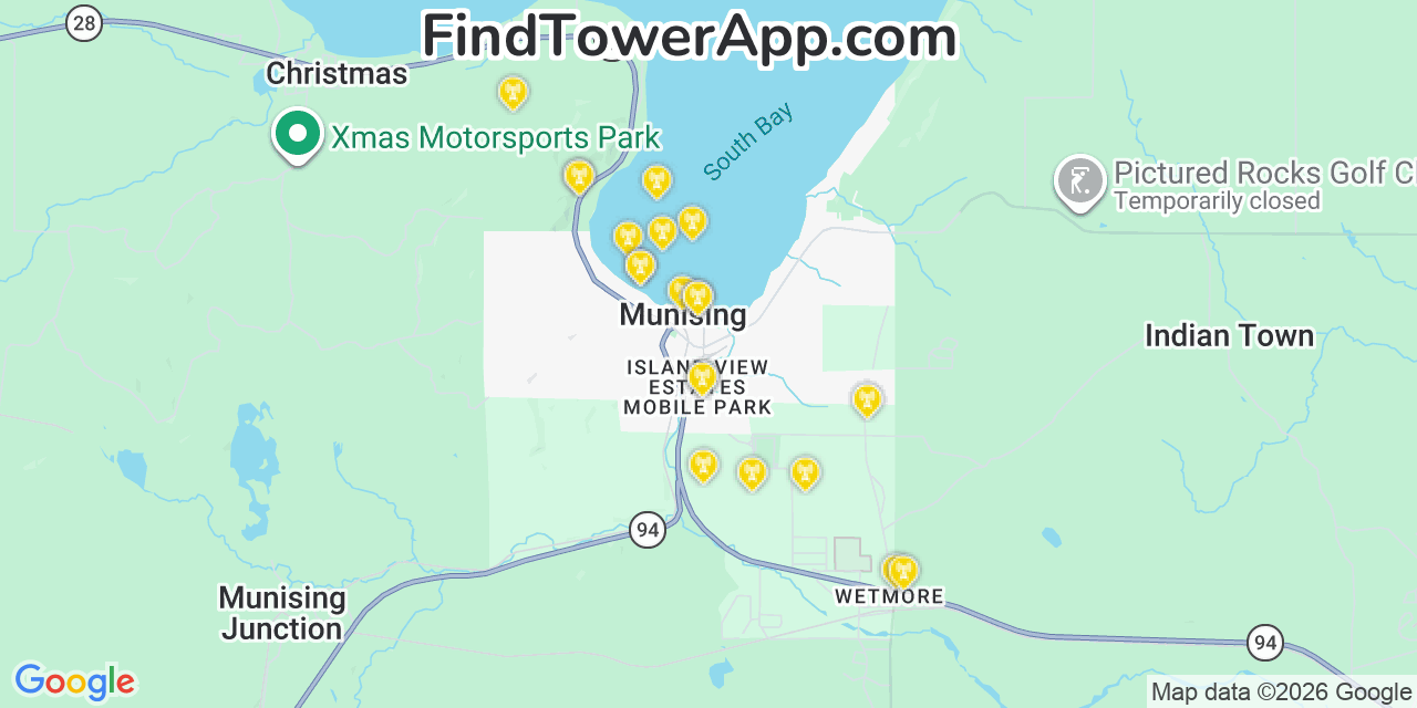 Map showing the 20 primary cell tower locations detected in Munising, Michigan from AT&T, Verizon, and T-Mobile networks