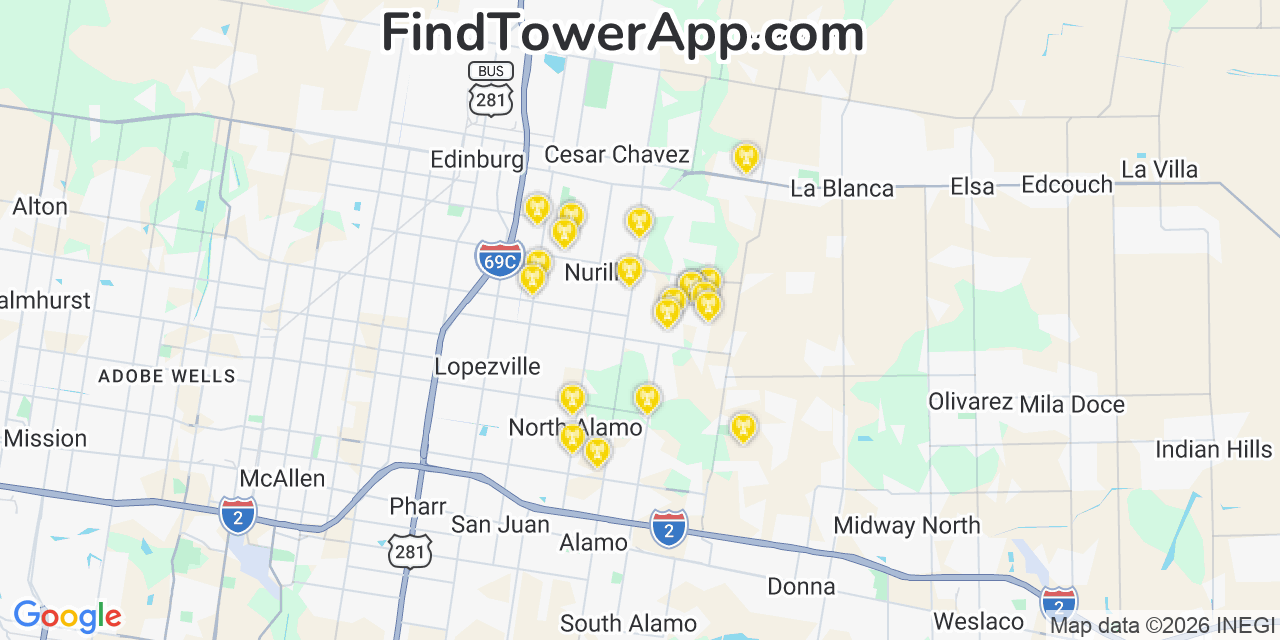 Map showing the 20 primary cell tower locations detected in Muniz, Texas from AT&T, Verizon, and T-Mobile networks