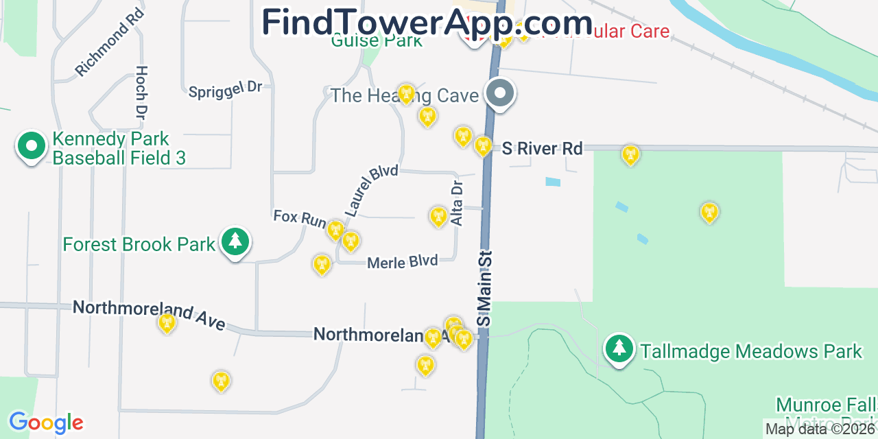 Map showing the 20 primary cell tower locations detected in Munroe Falls, Ohio from AT&T, Verizon, and T-Mobile networks