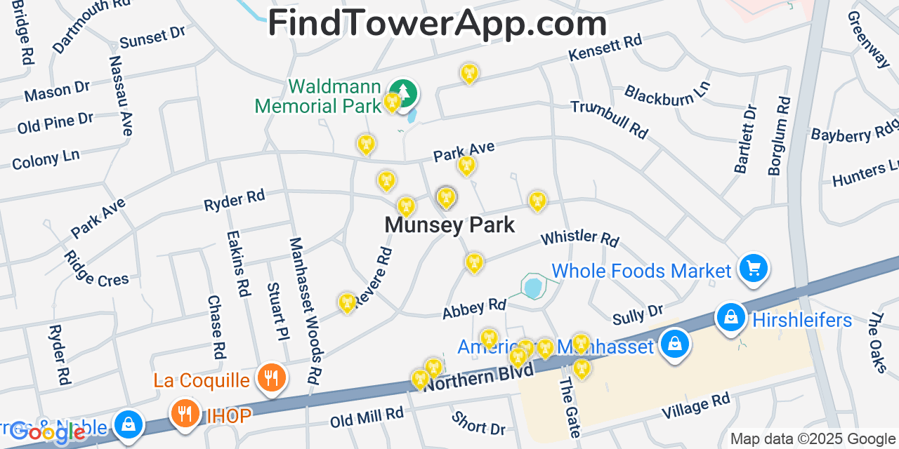 Map showing the 20 primary cell tower locations detected in Munsey Park, New York from AT&T, Verizon, and T-Mobile networks