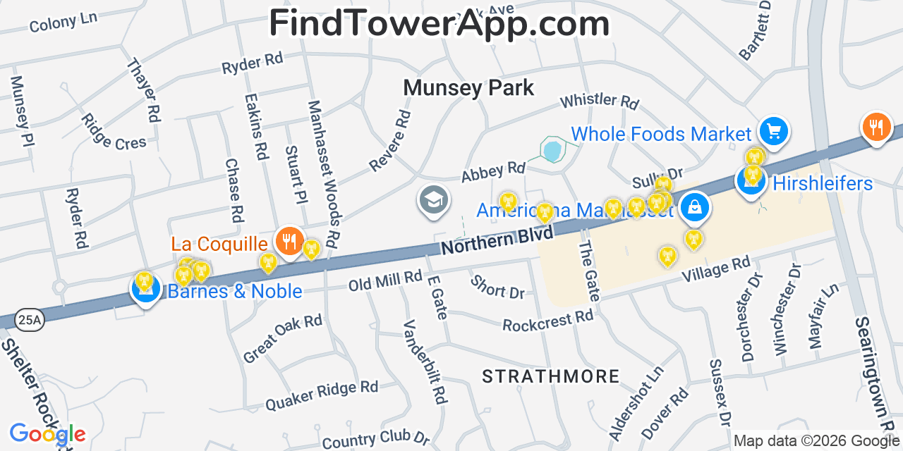 Map showing the 20 primary cell tower locations detected in Munsey Park, New York from AT&T, Verizon, and T-Mobile networks