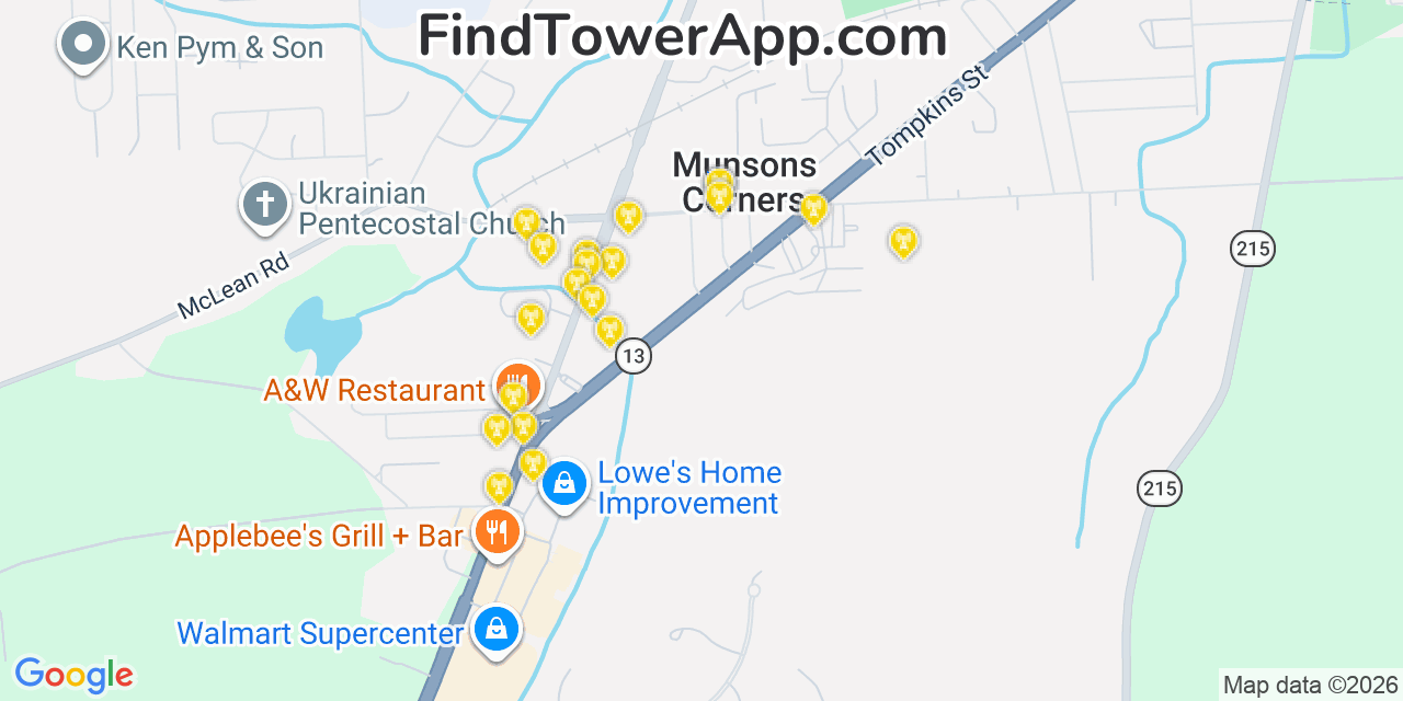 Map showing the 20 primary cell tower locations detected in Munsons Corners, New York from AT&T, Verizon, and T-Mobile networks