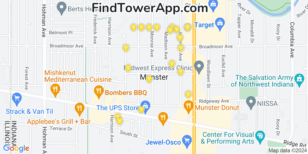 AT&T 4G/5G cell tower coverage map Munster, Indiana