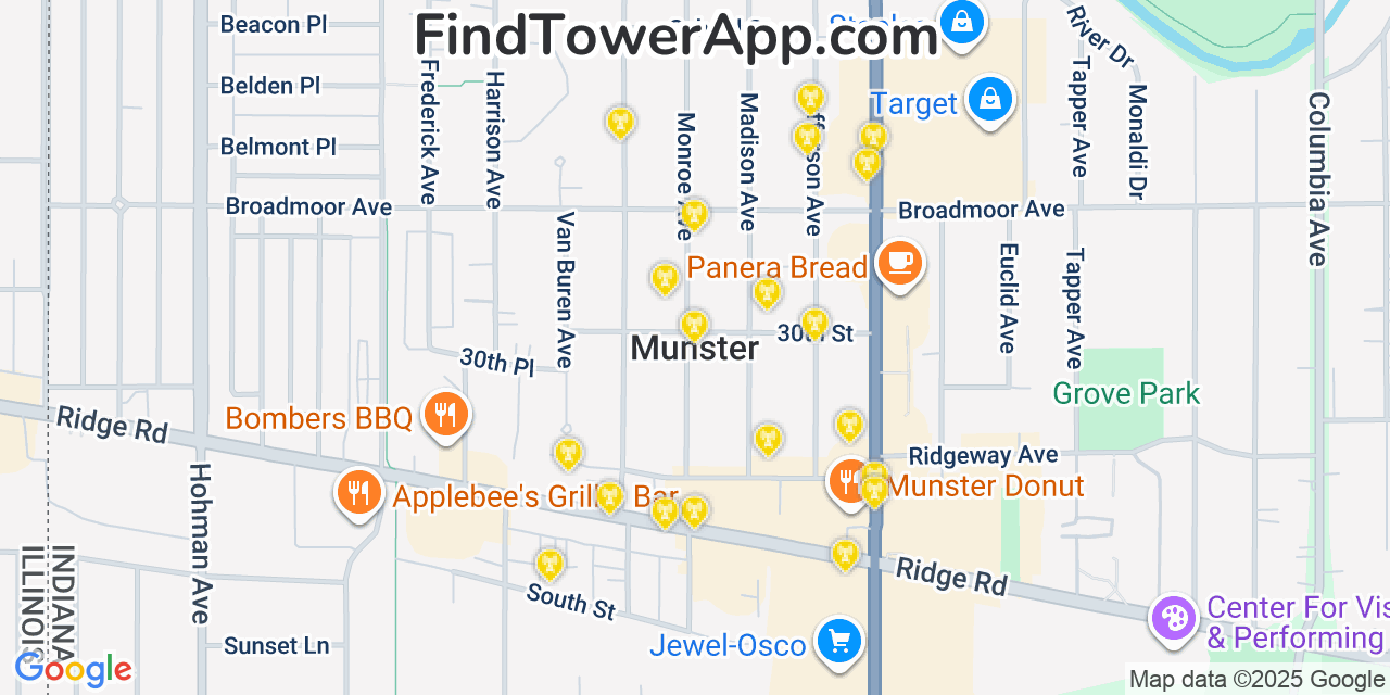 Map showing the 20 primary cell tower locations detected in Munster, Indiana from AT&T, Verizon, and T-Mobile networks