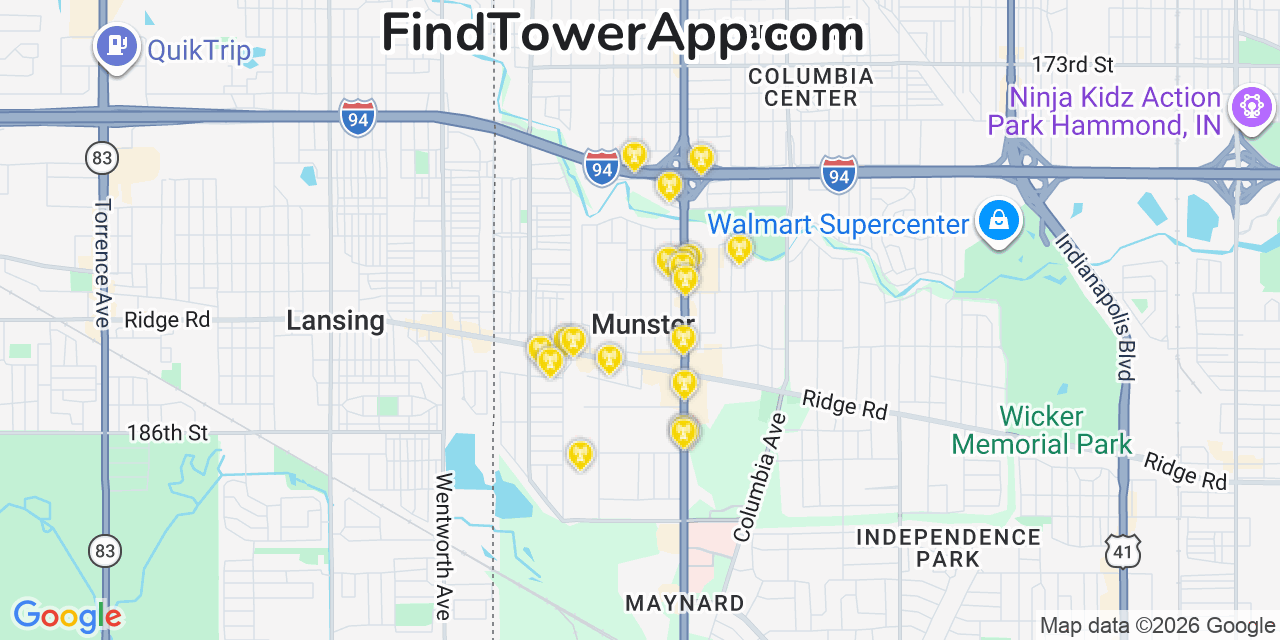 Map showing the 20 primary cell tower locations detected in Munster, Indiana from AT&T, Verizon, and T-Mobile networks