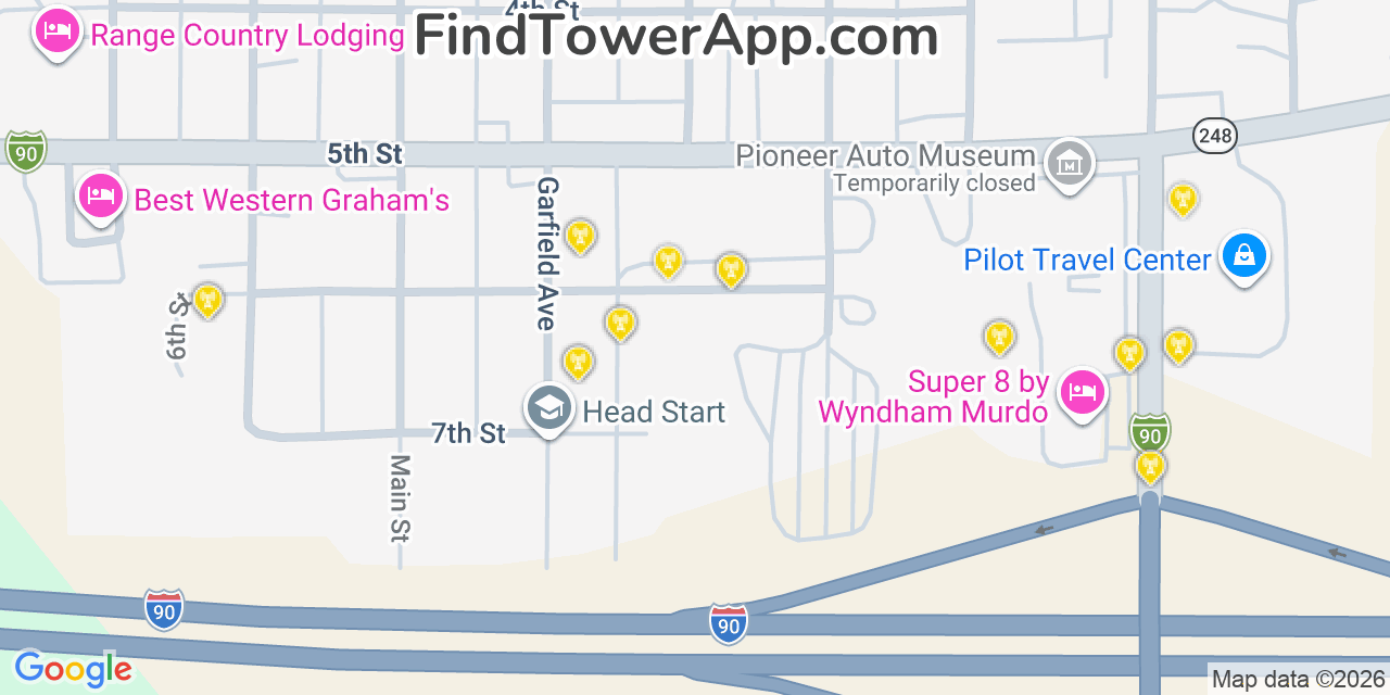 Map showing the 20 primary cell tower locations detected in Murdo, South Dakota from AT&T, Verizon, and T-Mobile networks