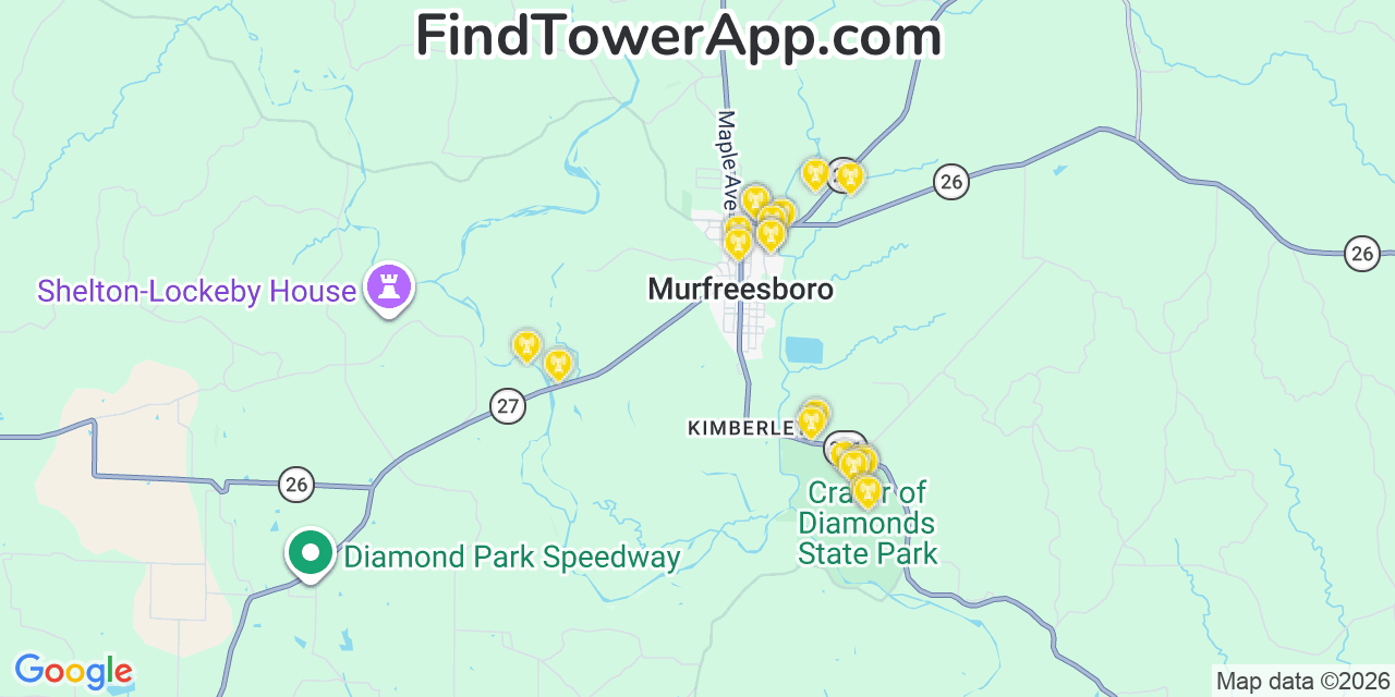 Map showing the 20 primary cell tower locations detected in Murfreesboro, Arkansas from AT&T, Verizon, and T-Mobile networks