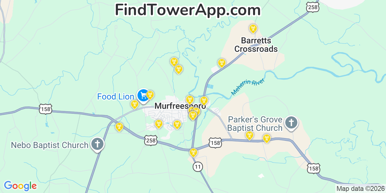 Map showing the 20 primary cell tower locations detected in Murfreesboro, North Carolina from AT&T, Verizon, and T-Mobile networks