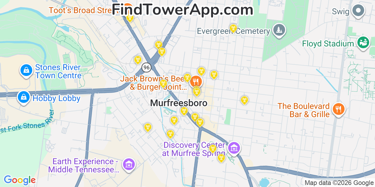 Map showing the 20 primary cell tower locations detected in Murfreesboro, Tennessee from AT&T, Verizon, and T-Mobile networks