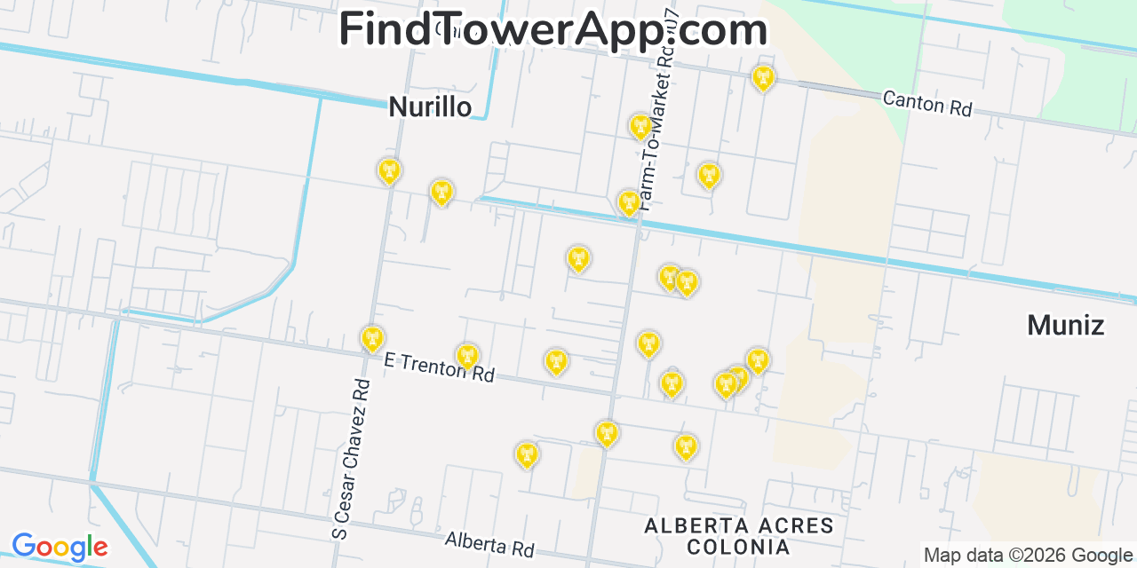 Map showing the 20 primary cell tower locations detected in Murillo Colonia, Texas from AT&T, Verizon, and T-Mobile networks