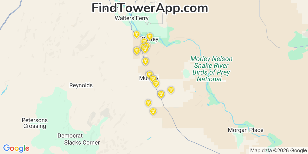Map showing the 20 primary cell tower locations detected in Murphy, Idaho from AT&T, Verizon, and T-Mobile networks