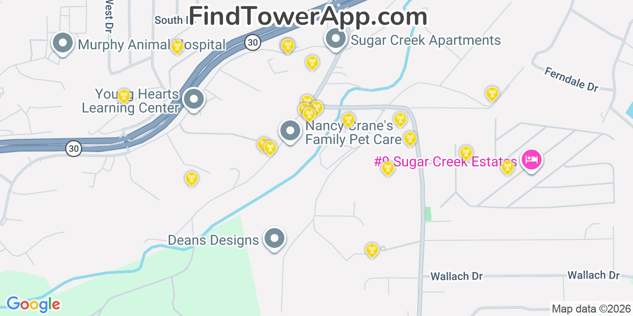 Map showing the 20 primary cell tower locations detected in Murphy, Missouri from AT&T, Verizon, and T-Mobile networks