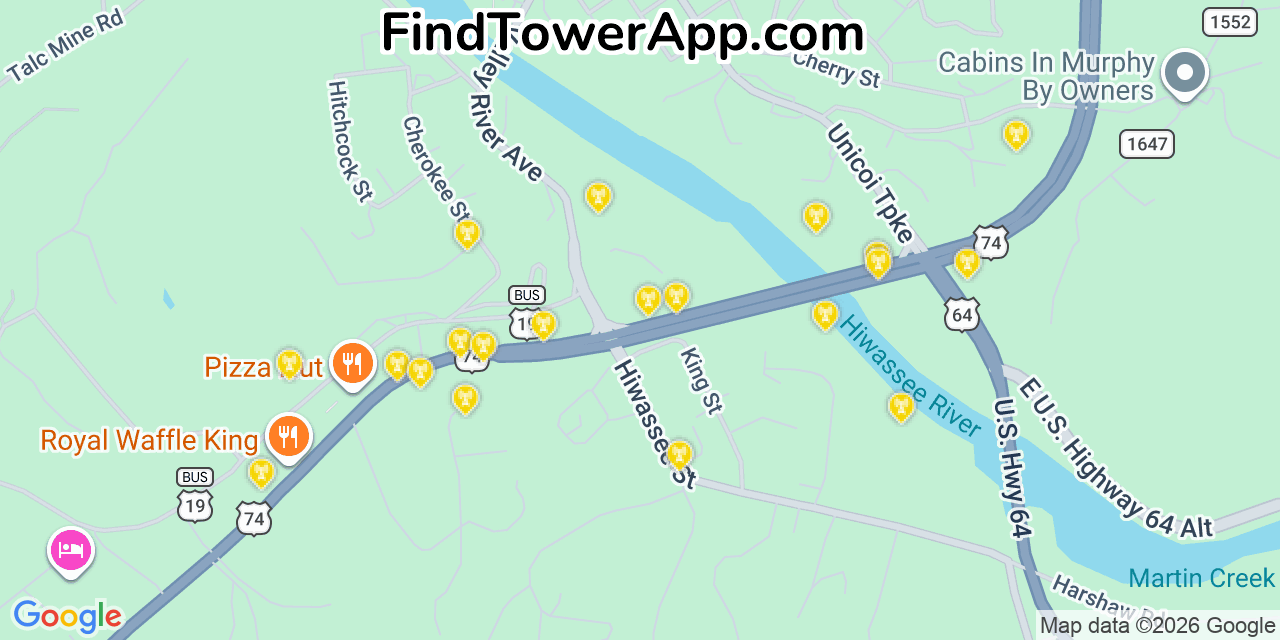 Map showing the 20 primary cell tower locations detected in Murphy, North Carolina from AT&T, Verizon, and T-Mobile networks