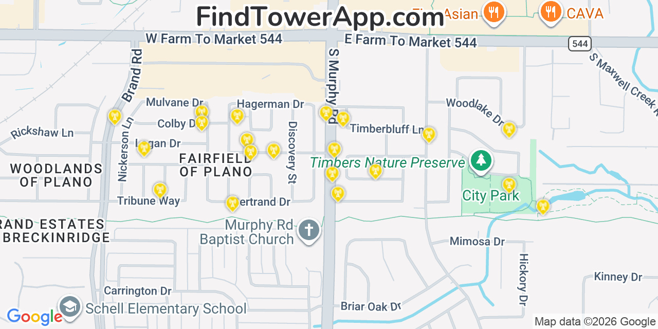 Map showing the 20 primary cell tower locations detected in Murphy, Texas from AT&T, Verizon, and T-Mobile networks