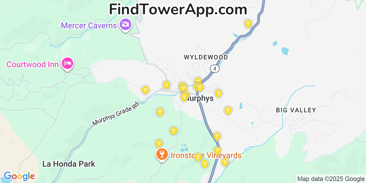 Map showing the 20 primary cell tower locations detected in Murphys, California from AT&T, Verizon, and T-Mobile networks