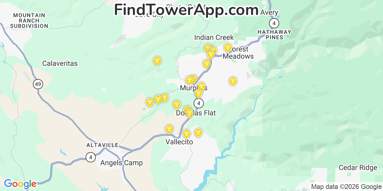 Map showing the 20 primary cell tower locations detected in Murphys, California from AT&T, Verizon, and T-Mobile networks