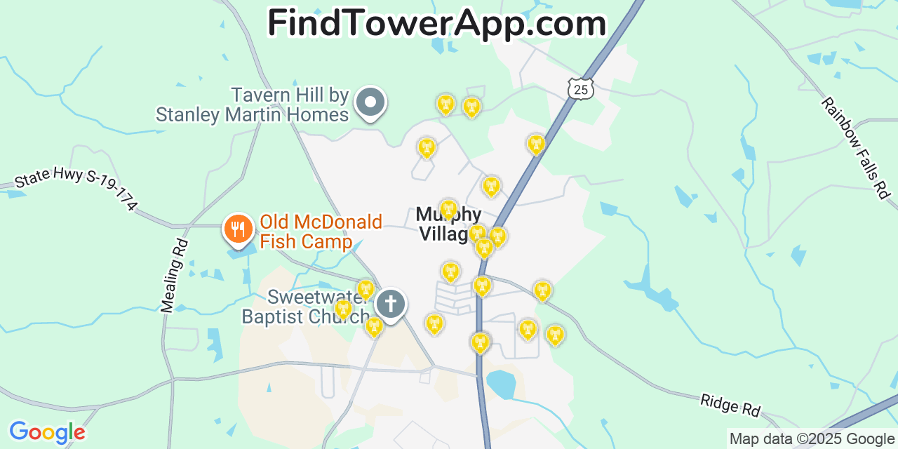 Map showing the 20 primary cell tower locations detected in Murphys Estates, South Carolina from AT&T, Verizon, and T-Mobile networks