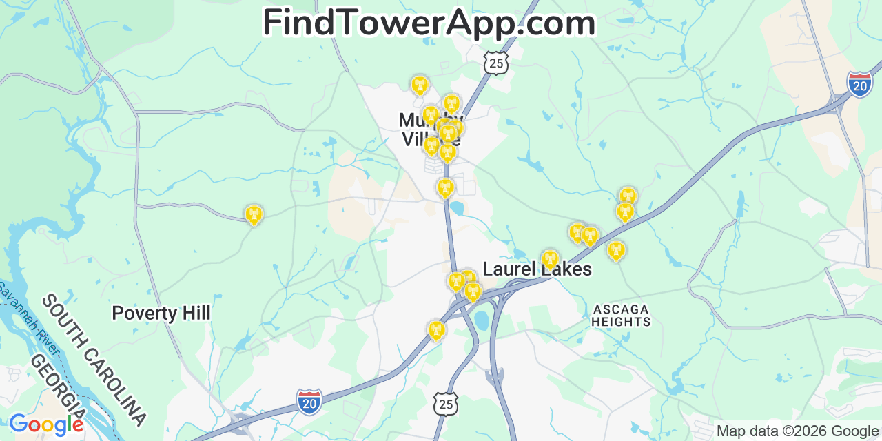 Map showing the 20 primary cell tower locations detected in Murphys Estates, South Carolina from AT&T, Verizon, and T-Mobile networks