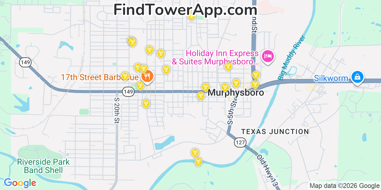 Map showing the 20 primary cell tower locations detected in Murphysboro, Illinois from AT&T, Verizon, and T-Mobile networks