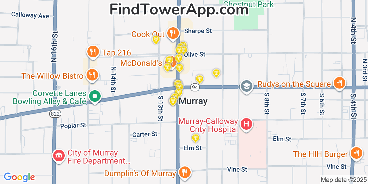 Map showing the 20 primary cell tower locations detected in Murray, Kentucky from AT&T, Verizon, and T-Mobile networks
