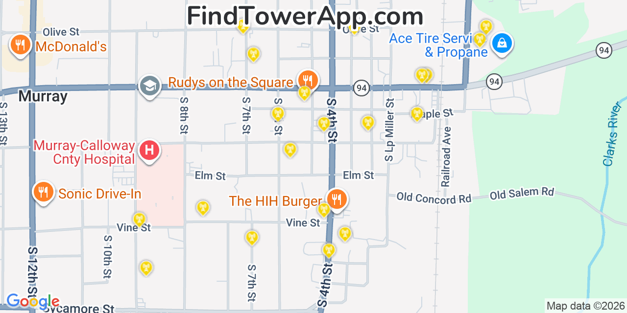 Map showing the 20 primary cell tower locations detected in Murray, Kentucky from AT&T, Verizon, and T-Mobile networks